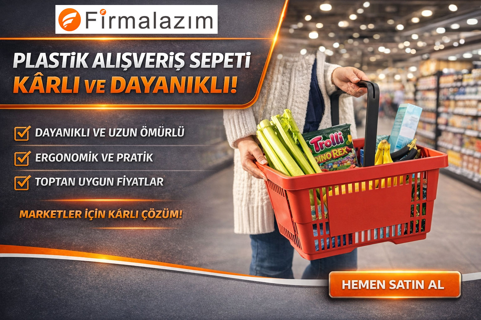 28 Litre Tek Saplı Plastik Market Alışveriş Sepeti